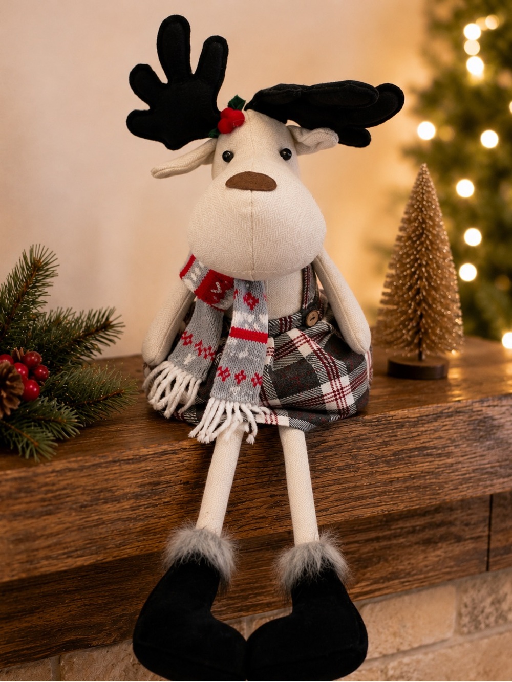 Christmas Reindeer Shelf Sitter Plush Gray Plaid Dangly Legs Decor 15”